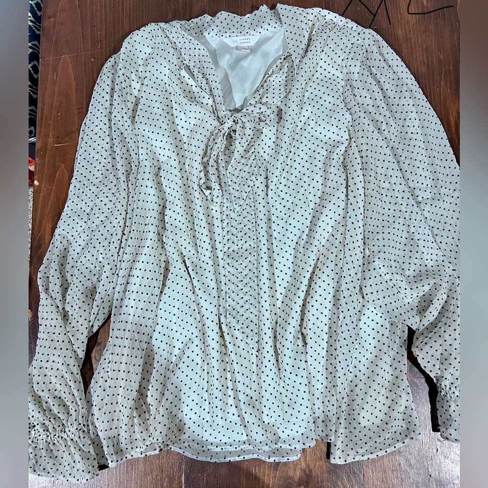 LC Lauren Conrad Cream Blouse with Black Polka Dots and Tie Neck